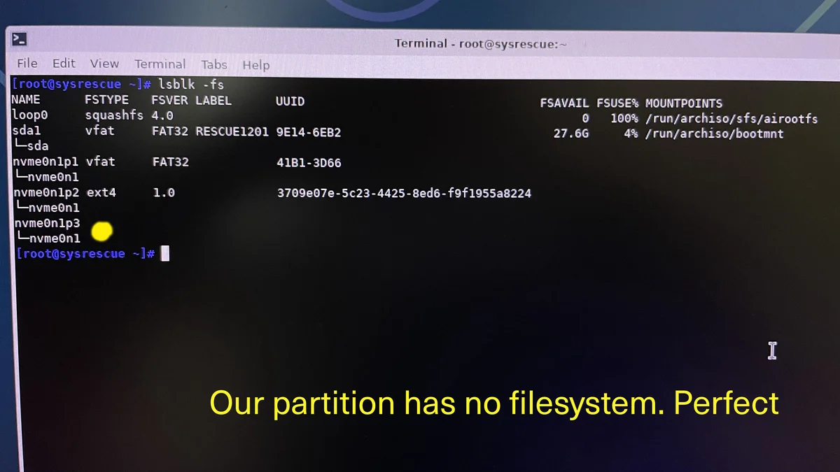 Step 10 of systemrescue tutorial